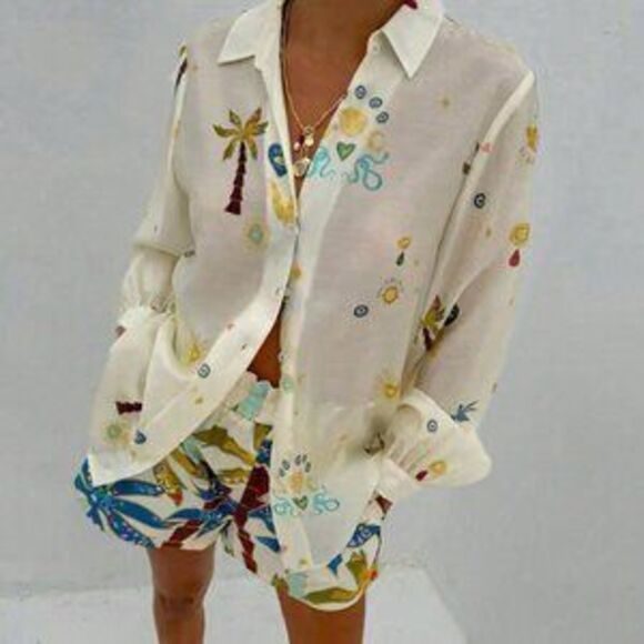 Tops - Apricot Casual Women's Tropical Print Shirt & Shorts Set